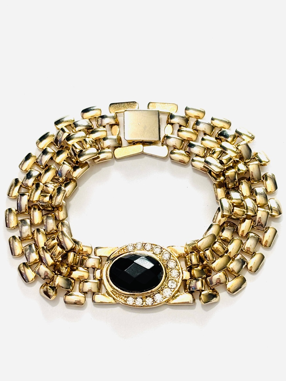Vintage 1980s Gold Tone Multi Row Link Bracelet Black Faceted Stone Rhinestones